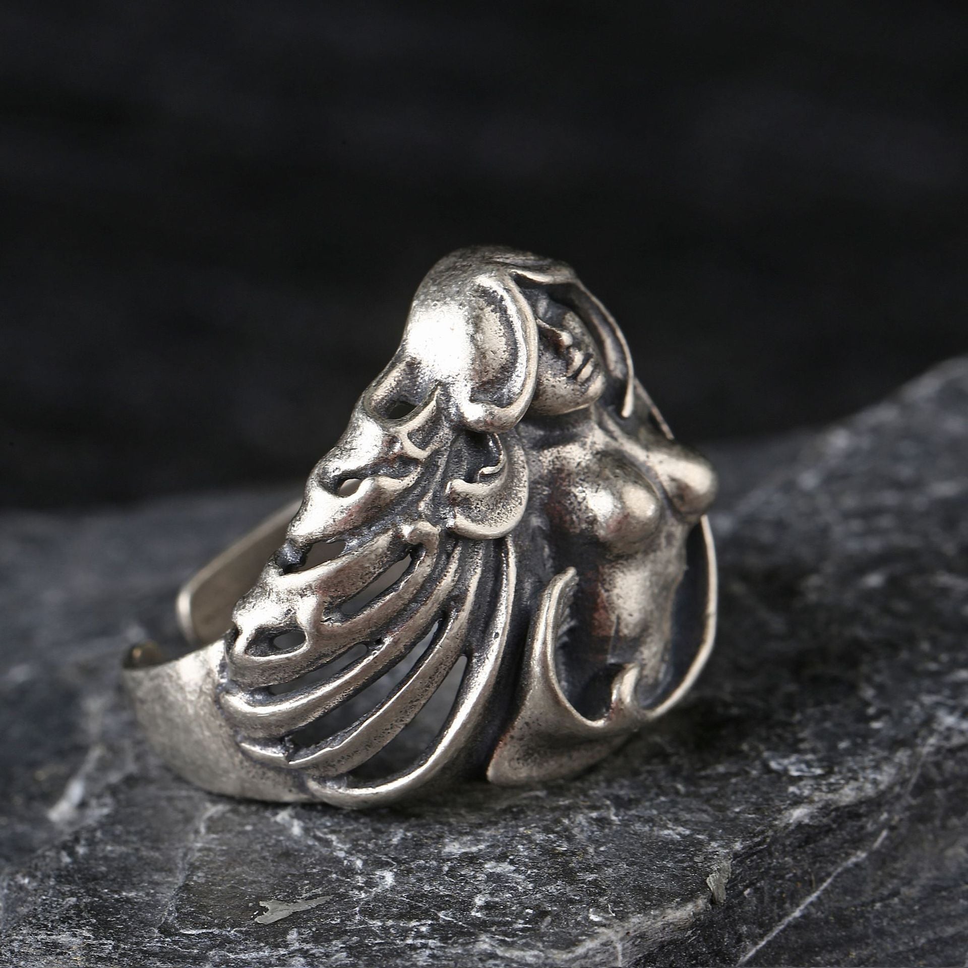Goth Style Sterling Silver Angel Goddess Open Ring | GothReal