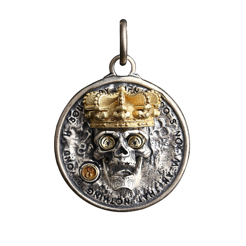 Goth Style Sterling Silver Crown Skull Coin Pendant - Silver | GothReal
