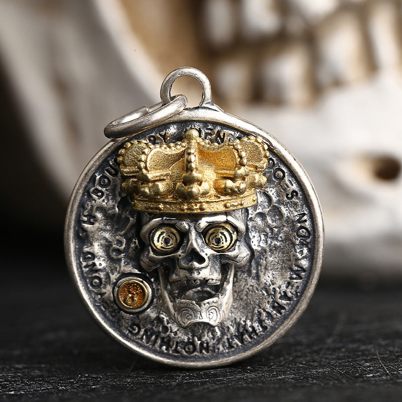Goth Style Sterling Silver Crown Skull Coin Pendant | GothReal