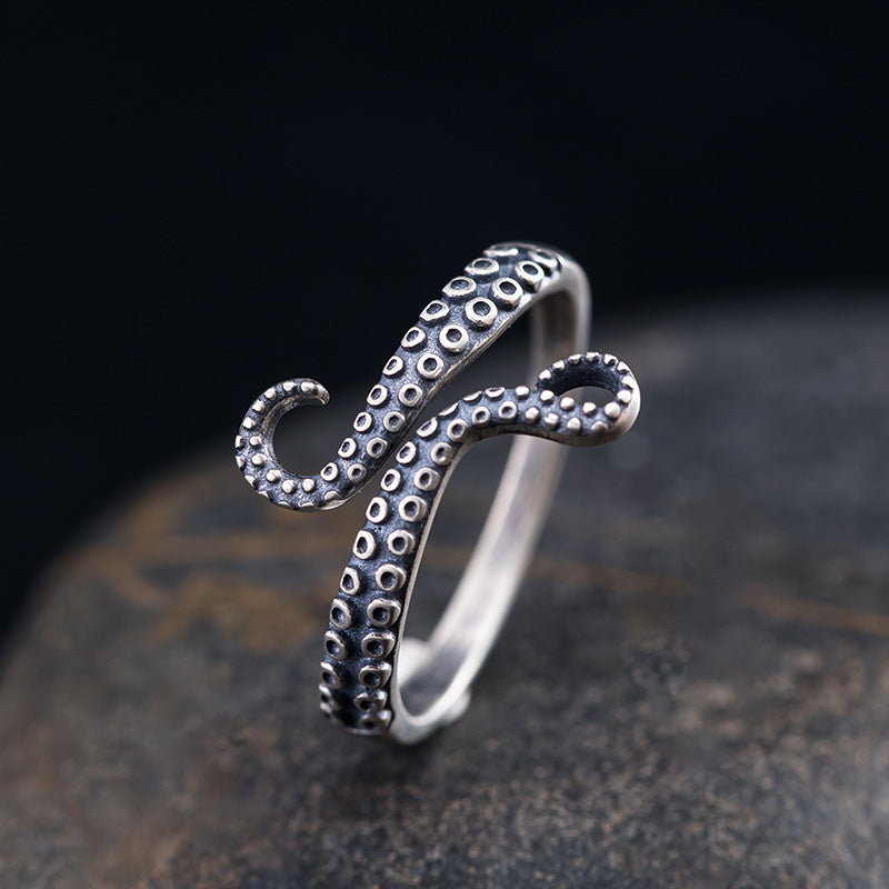 Goth Style Sterling Silver Cthulhu Octopus Open Ring | GothReal