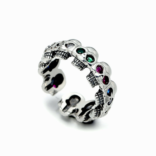 Goth Style Sterling Silver Diamond Skull Adjustable Ring - Silver | GothReal