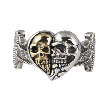 Goth Style Sterling Silver Double Skull Heart Wings Open Ring - Silver | GothReal
