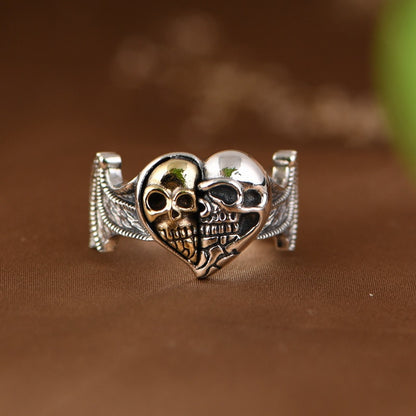 Goth Style Sterling Silver Double Skull Heart Wings Open Ring | GothReal