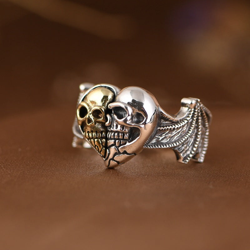 Goth Style Sterling Silver Double Skull Heart Wings Open Ring | GothReal