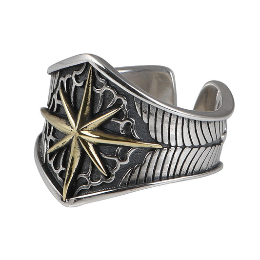 Goth Style Sterling Silver Eight-Pointed Star Open Ring - Silver | GothReal