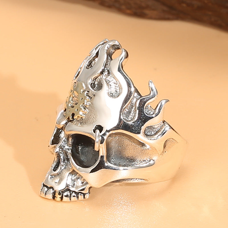 Goth Style Sterling Silver Flame Skull Adjustable Ring | GothReal