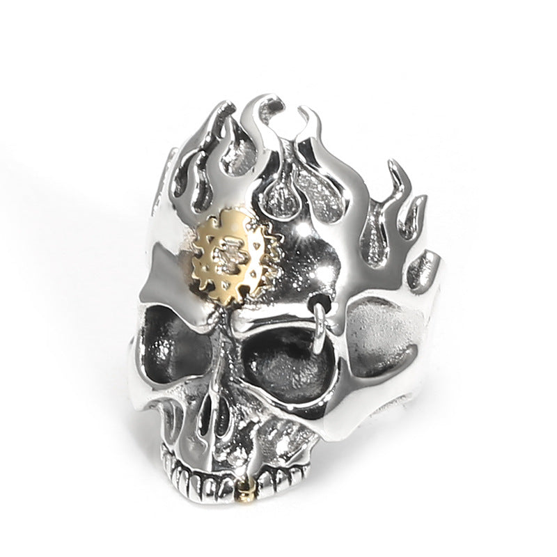 Goth Style Sterling Silver Flame Skull Adjustable Ring - Silver | GothReal