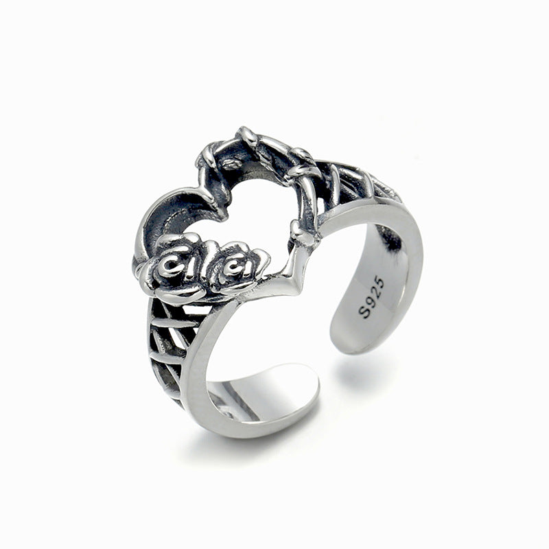 Goth Style Sterling Silver Heart Adjustable Ring - Silver | GothReal
