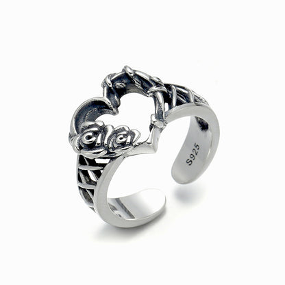 Goth Style Sterling Silver Heart Adjustable Ring - Silver | GothReal
