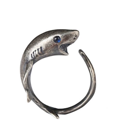 Goth Style Sterling Silver Shark Open Ring - Silver | GothReal