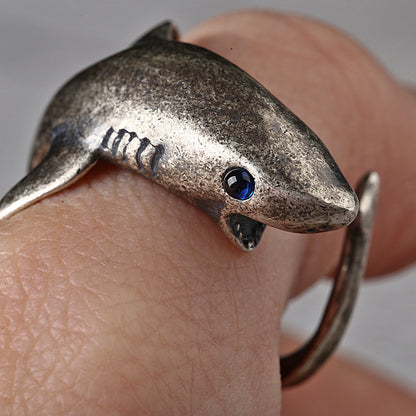 Goth Style Sterling Silver Shark Open Ring | GothReal