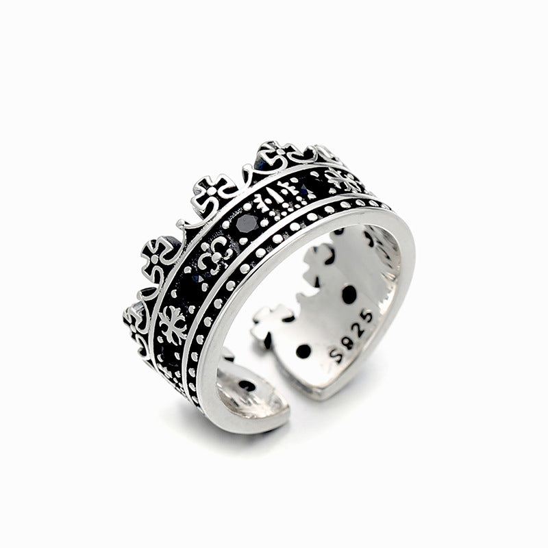 Goth Style Sterling Silver Zirconia Cross Adjustable Ring - Silver | GothReal