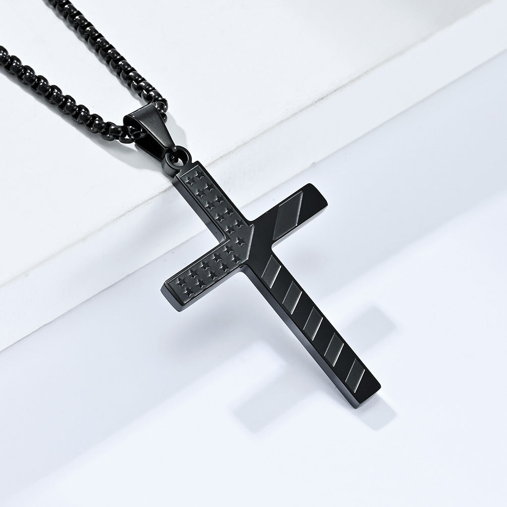 Goth Style American Flag Inspired Cross Pendant With Necklace - Black | GothReal