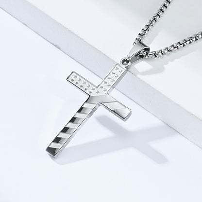Goth Style American Flag Inspired Cross Pendant With Necklace - Silver | GothReal