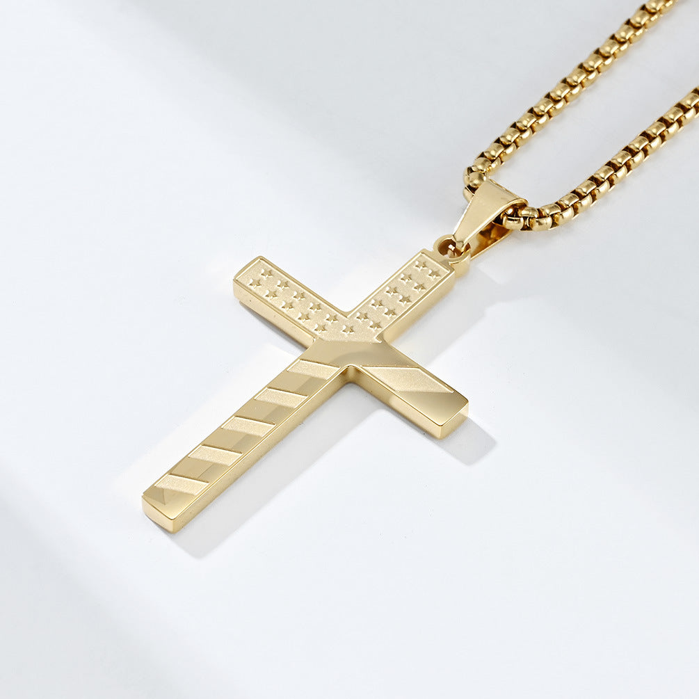 Goth Style American Flag Inspired Cross Pendant With Necklace - Gold | GothReal