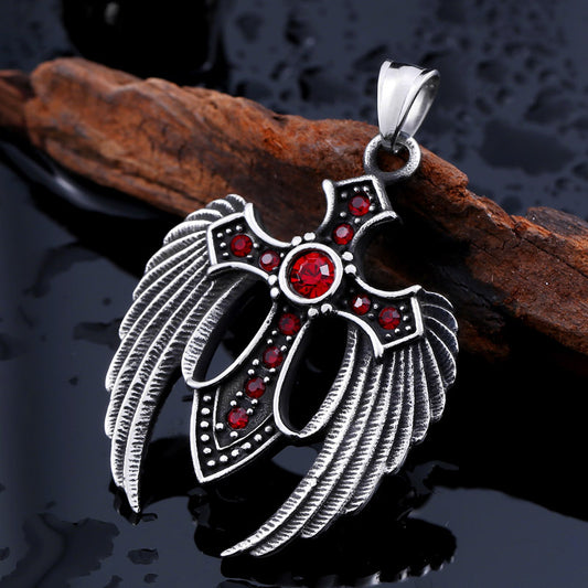 Goth Style Angel Wings Cross Pendant With Gemstone - Red | GothReal