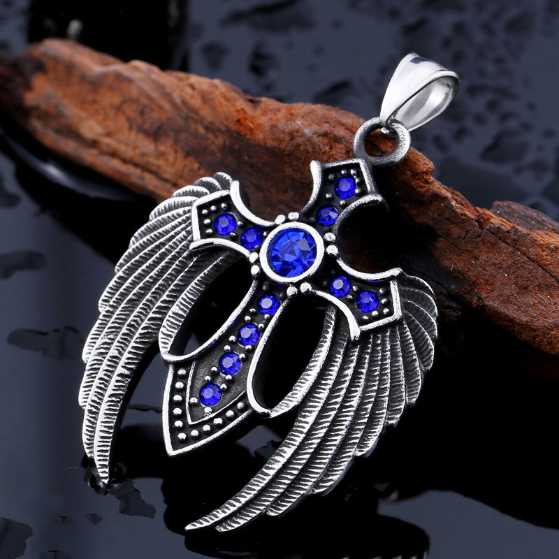 Goth Style Angel Wings Cross Pendant With Gemstone | GothReal