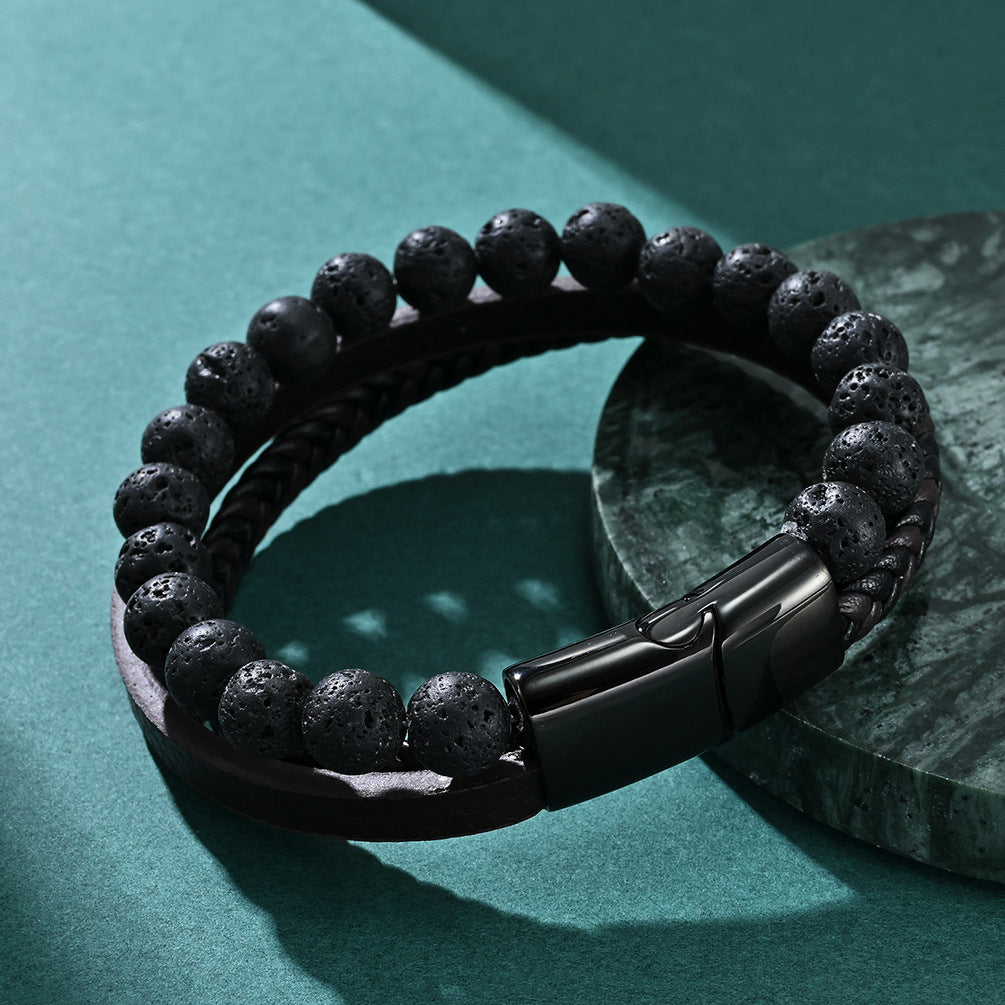 Goth Style Braided Leather Beads Bracelet - Black | GothReal