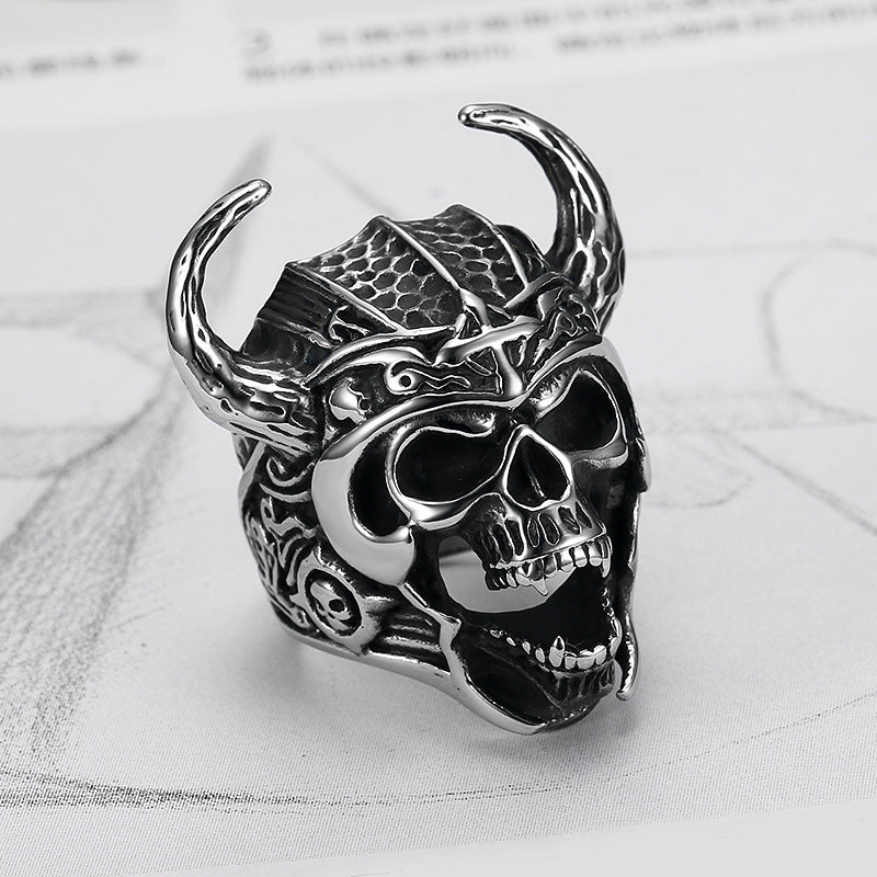 Goth Style Bullhead Warrior Skull Ring | GothReal