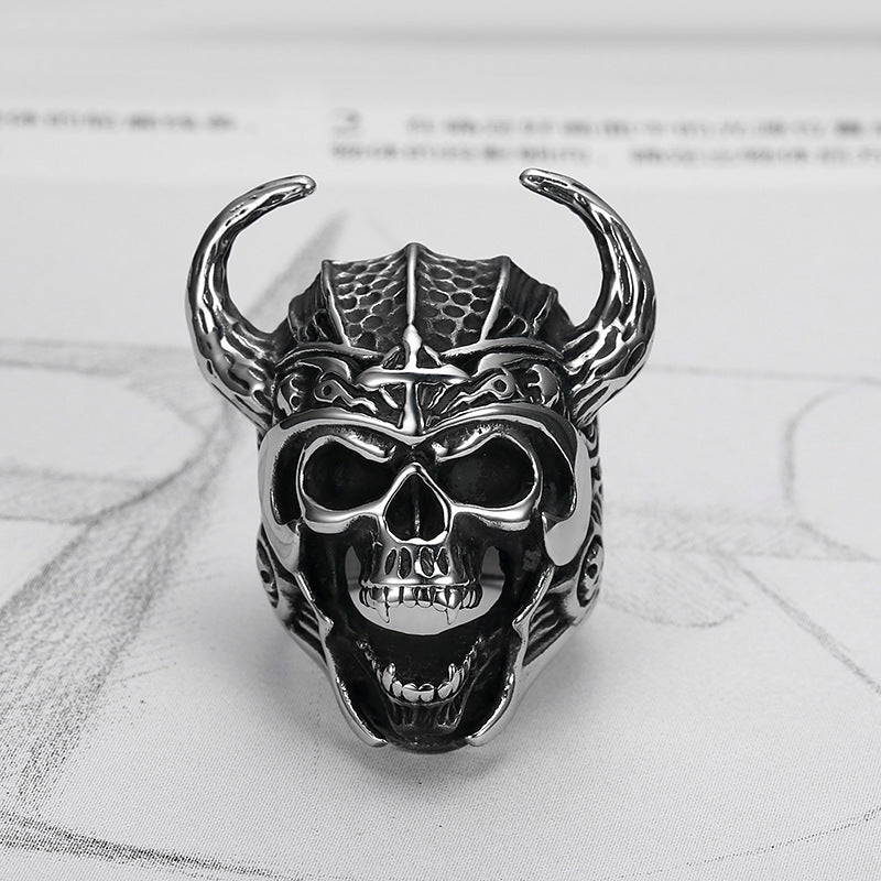 Goth Style Bullhead Warrior Skull Ring - Silver | GothReal