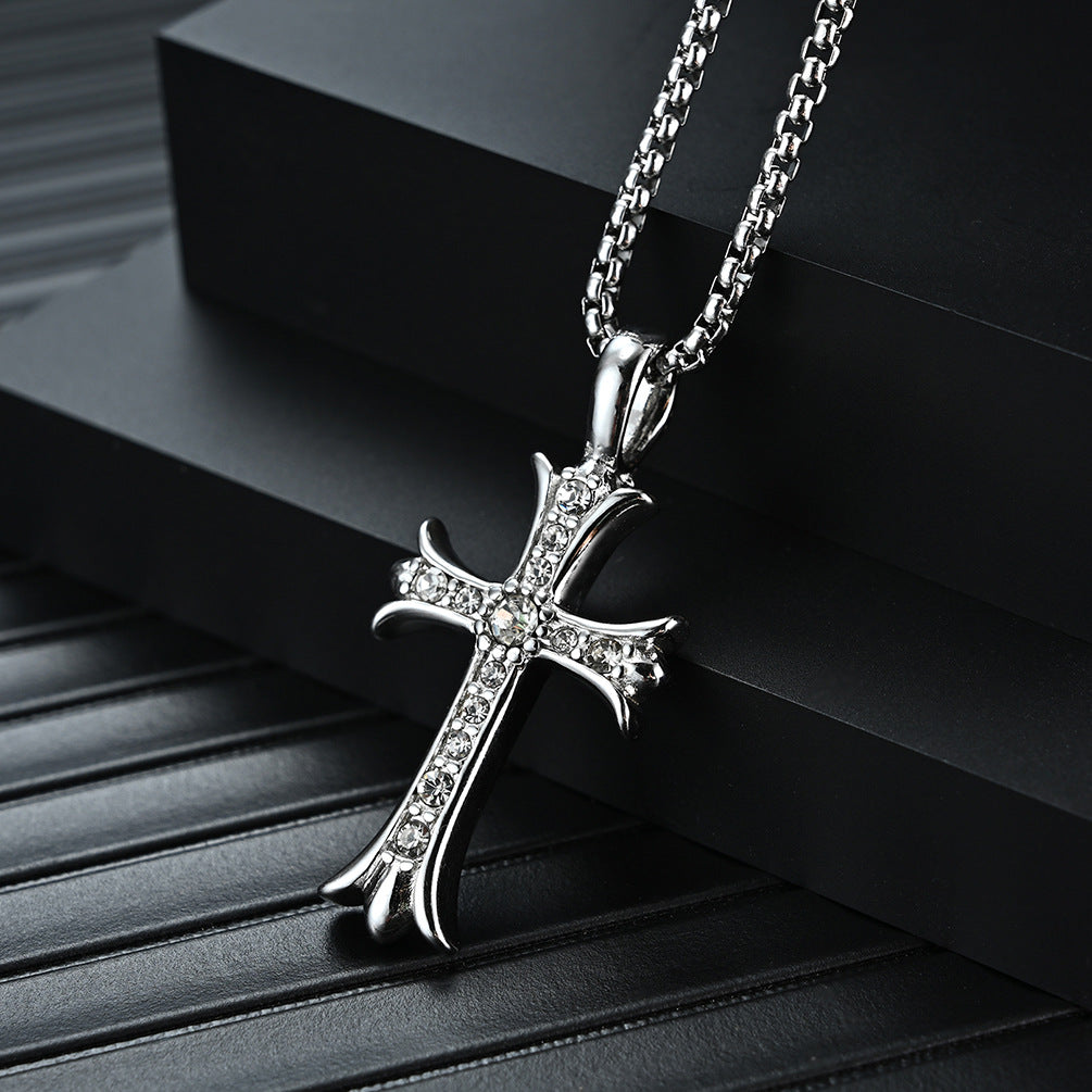 Goth Style Diamond Cross Pendant With Necklace - Silver | GothReal