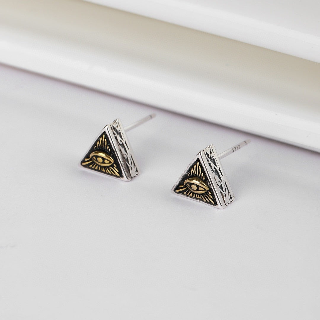 Goth Style Eye of Omniscience Triangle Sterling Silver Earrings - A Pair - Silver | GothReal