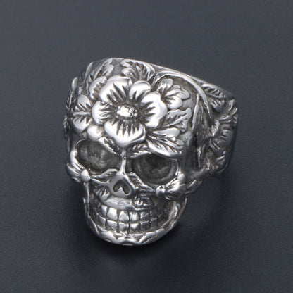Goth Style Flower And Skull Ring | GothReal