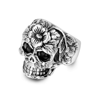 Goth Style Flower And Skull Ring - Silver | GothReal