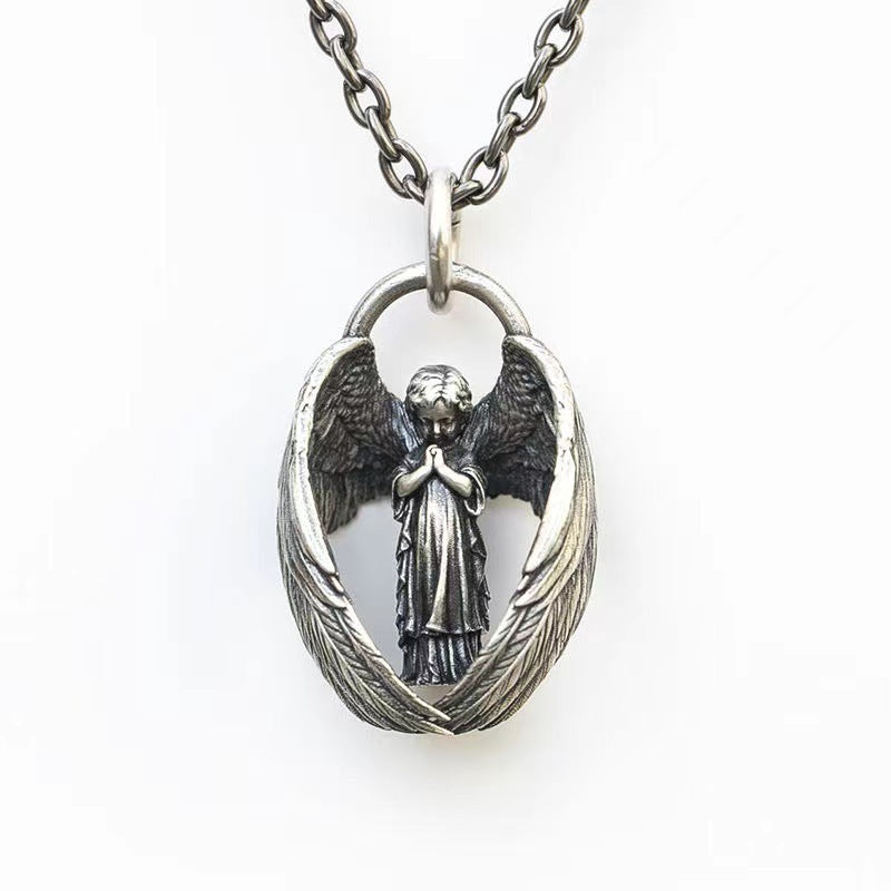 Goth Style Guardian Angel Wings Necklace - Silver | GothReal