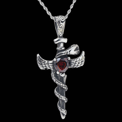 Goth Style Knight's Sword Heart-Shaped Gemstone Cross Pendant - Silver | GothReal
