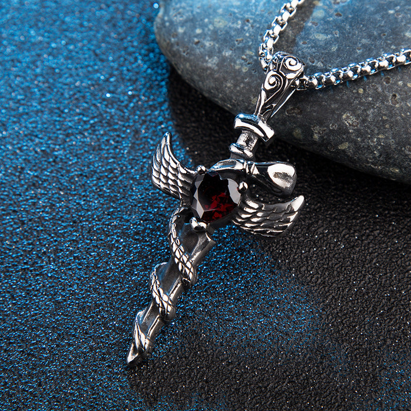 Goth Style Knight's Sword Heart-Shaped Gemstone Cross Pendant | GothReal