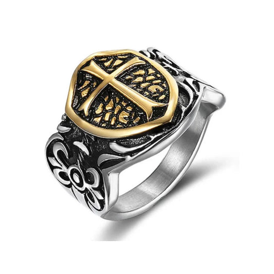 Goth Style Knights Templar Cross Shield Ring - Gold | GothReal