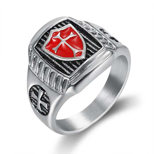 Goth Style Knights Templar Shield Cross Ring - Silver | GothReal