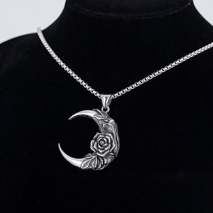 Goth Style Moon Rose Pendant With Necklace - Silver | GothReal