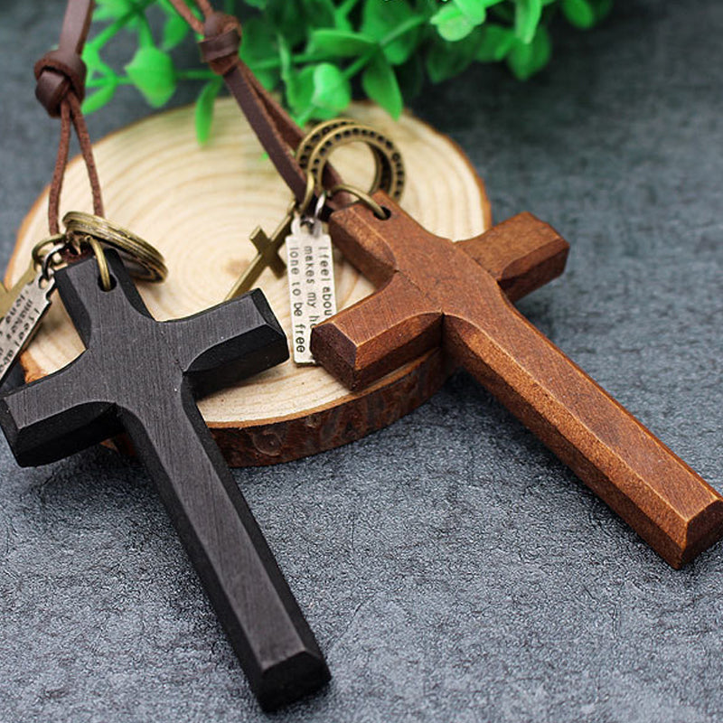 Goth Style Natural Wood Cross Leather Necklace - Black | GothReal