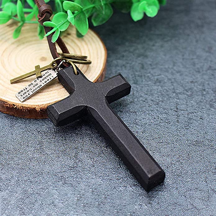 Goth Style Natural Wood Cross Leather Necklace | GothReal