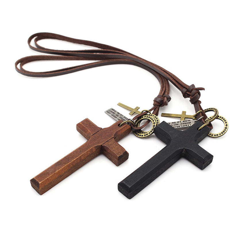 Goth Style Natural Wood Cross Leather Necklace | GothReal