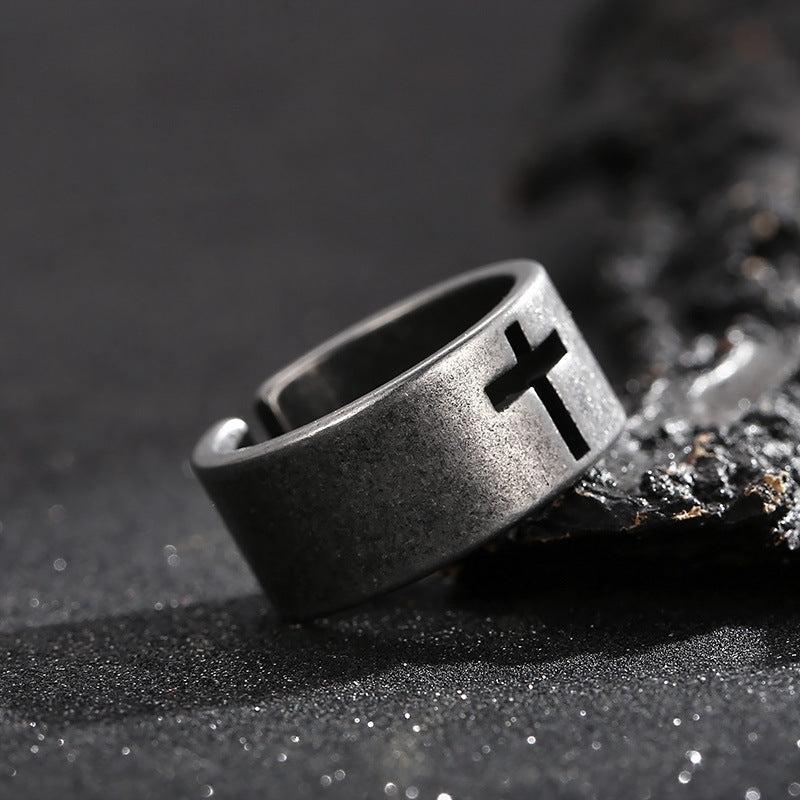 Goth Style Openwork Cross Open Ring - Silver | GothReal