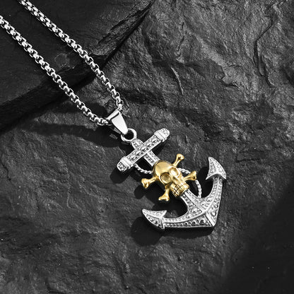 Goth Style Pirate Anchor Skull Pendant With Necklace - Black | GothReal