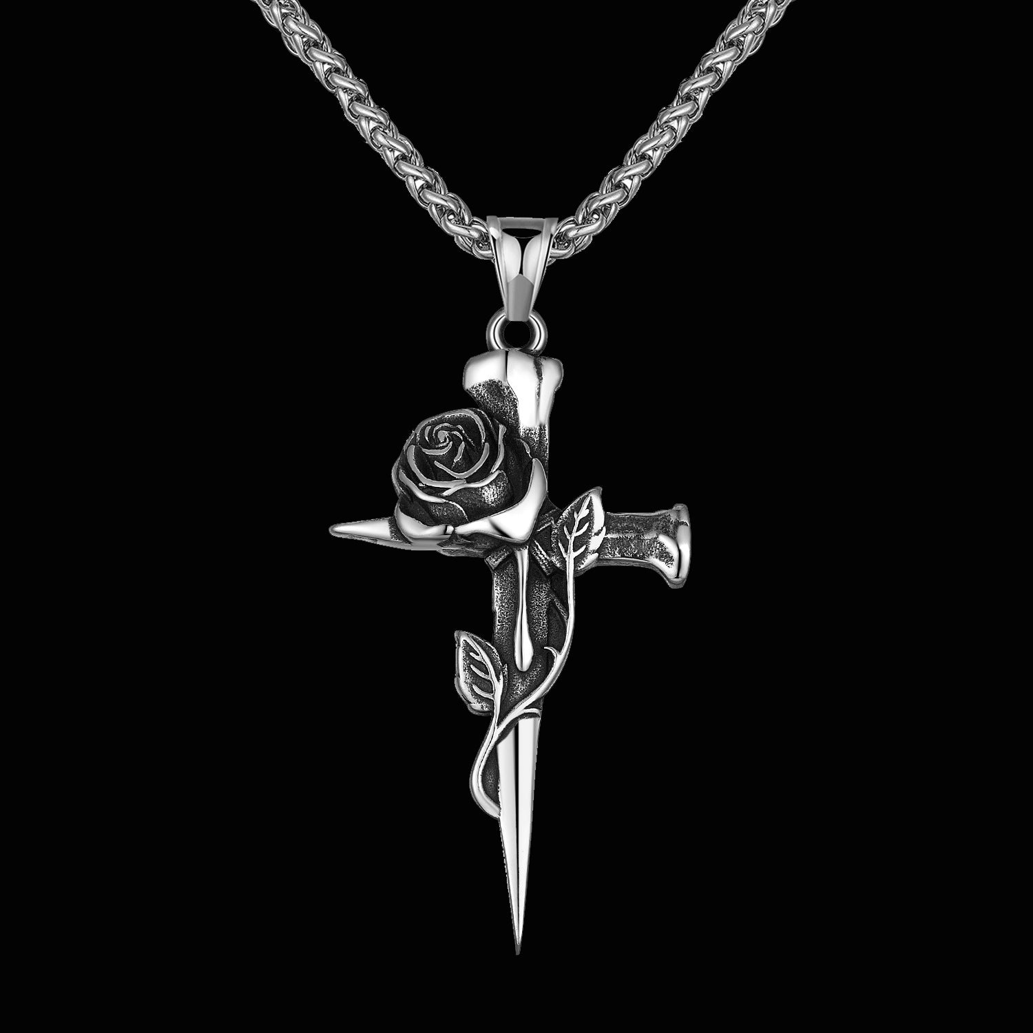 Goth Style Rose Cross Pendant With Necklace - Silver | GothReal