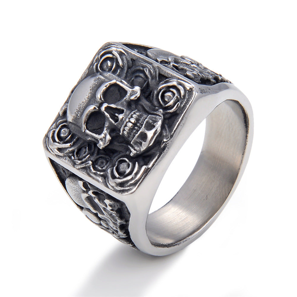Goth Style Rose Skull Ring - Silver | GothReal