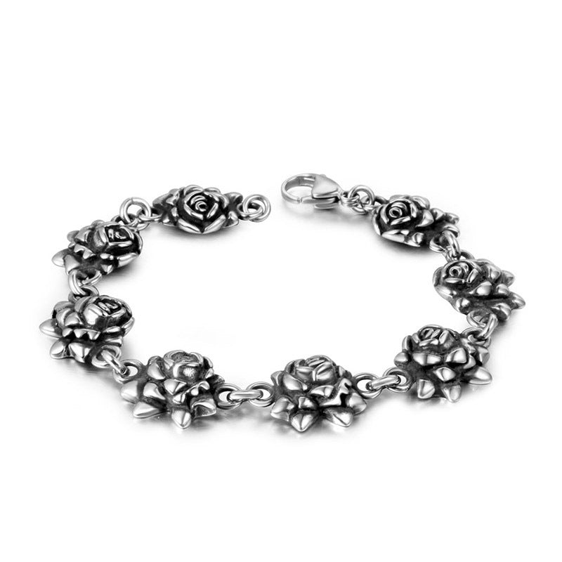 Goth Style Rose Stainless Steel Bracelet - Silver | GothReal