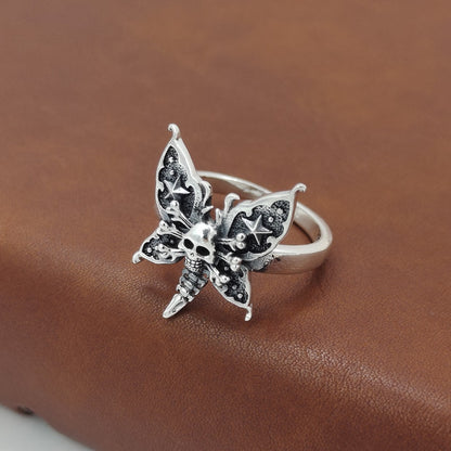 Goth Style Skull Butterfly Sterling Silver Ring - Silver | GothReal