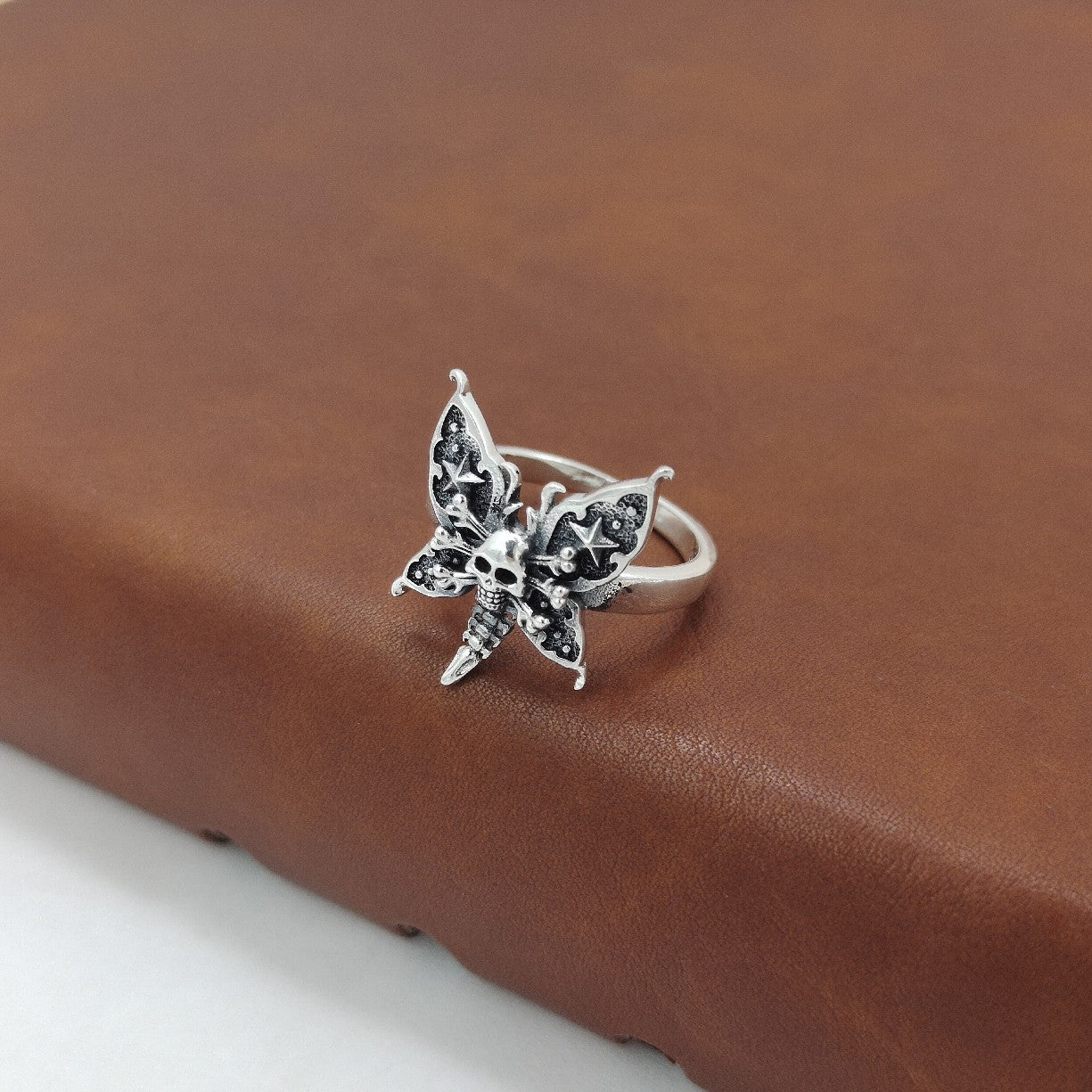 Goth Style Skull Butterfly Sterling Silver Ring | GothReal