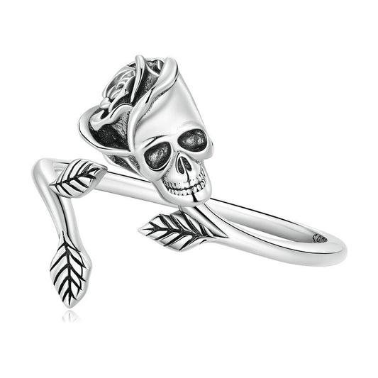 Goth Style Skull Rose Sterling Silver Ring | GothReal
