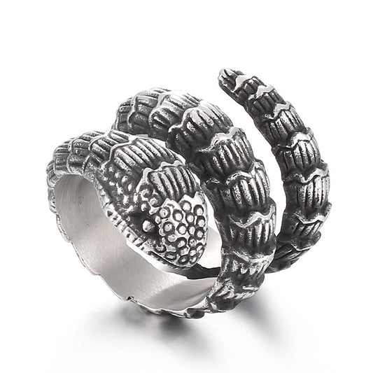 Goth Style Stainless Steel Rattlesnake Ring - Silver | GothReal