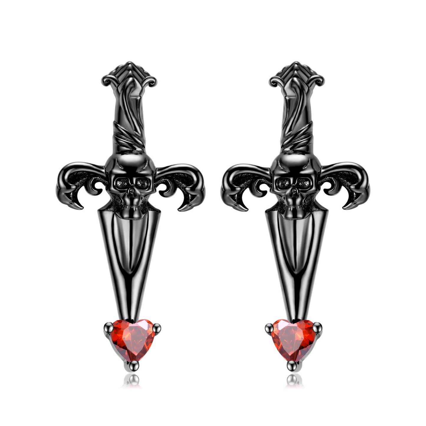 Goth Style Sterling Silver Crossed Sword Skull Zirconia Earrings - A Pair - Multi | GothReal