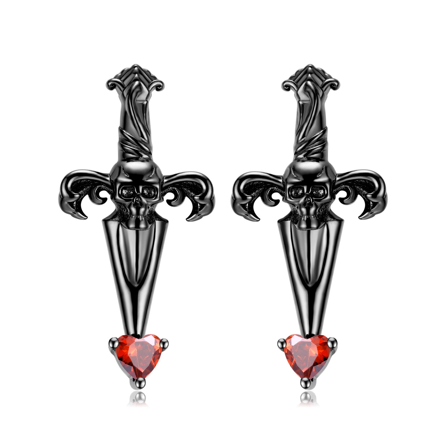 Goth Style Sterling Silver Crossed Sword Skull Zirconia Earrings - A Pair - Multi | GothReal