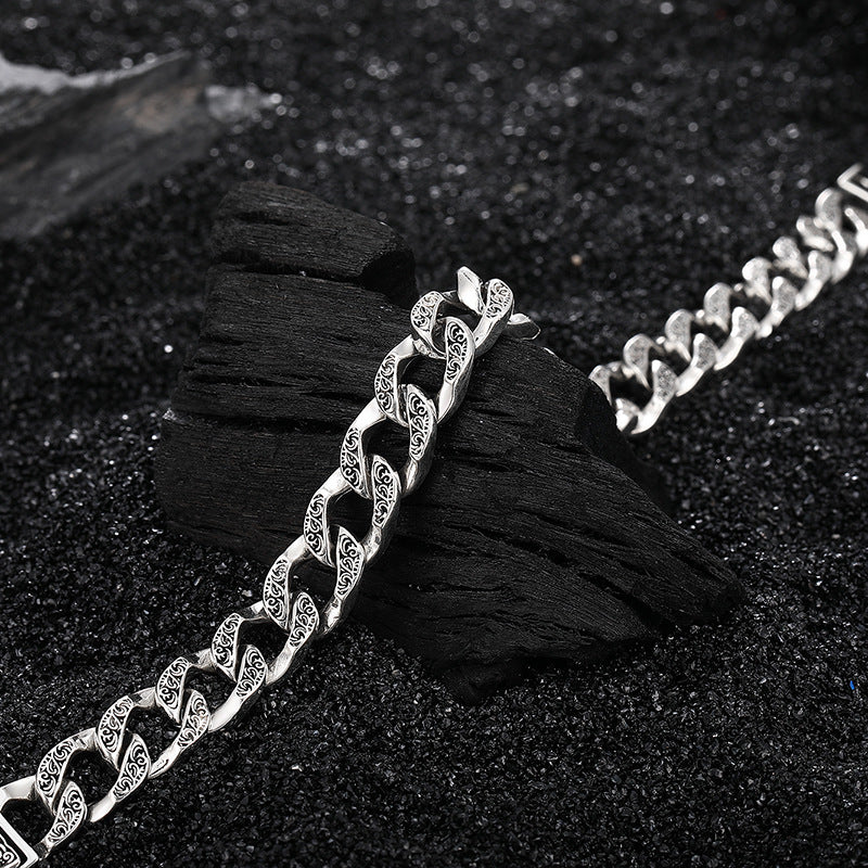Goth Style Sterling Silver Cuban Chain Embossed Bracelet | GothReal