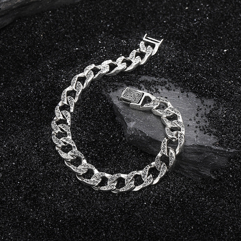 Goth Style Sterling Silver Cuban Chain Embossed Bracelet | GothReal